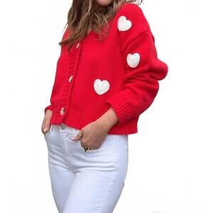 NEW BUTTERMELON cheri heart cardigan sweater in red/ivory